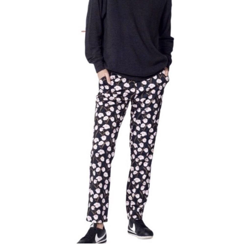 Wildfang Black Floral Straight-Leg Pants with White/Pink Blooms
